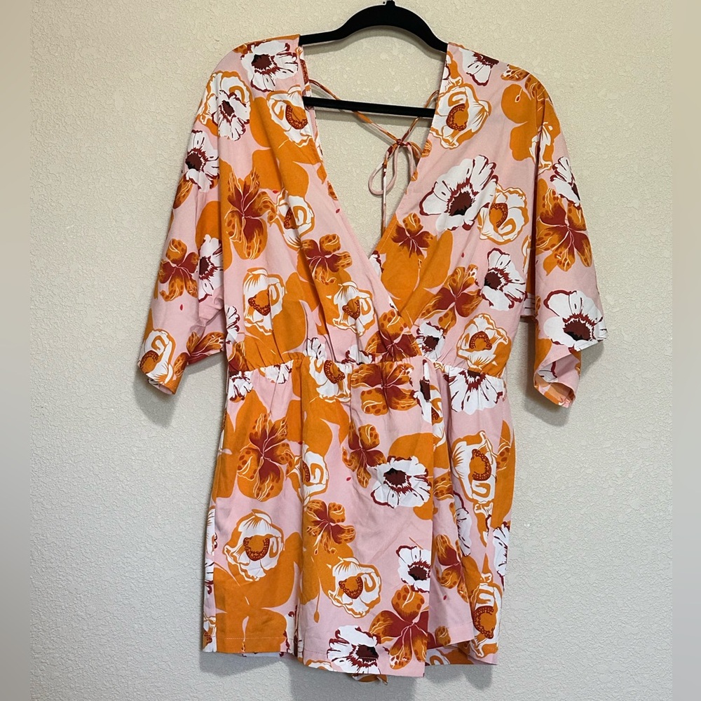 Hello Molly Pink and Orange Floral Romper Wrap Dress - Picture 5 of 11